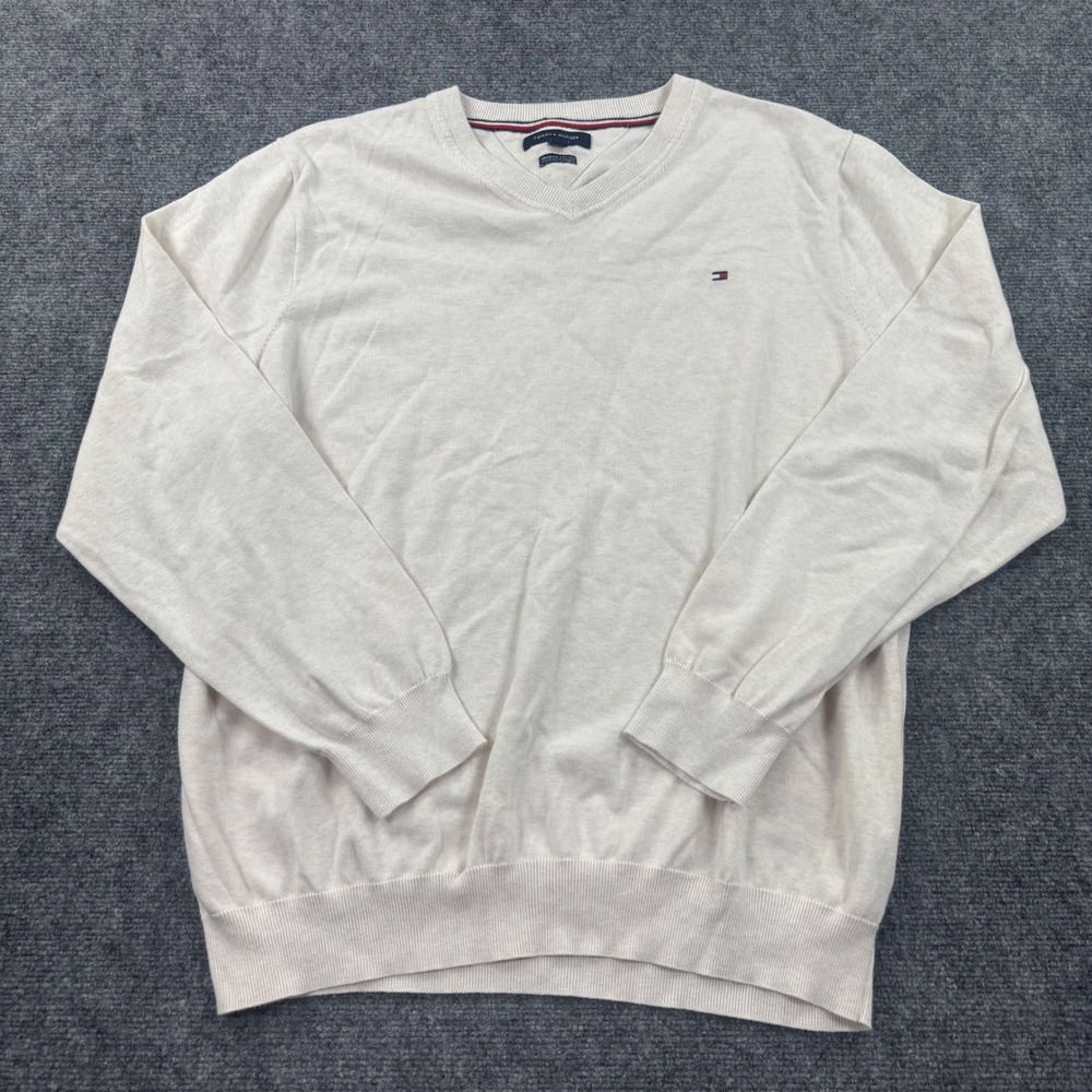 Tommy Hilfiger V-Neck Sweater 3XL Cream Premium Cotton Pullover Men's